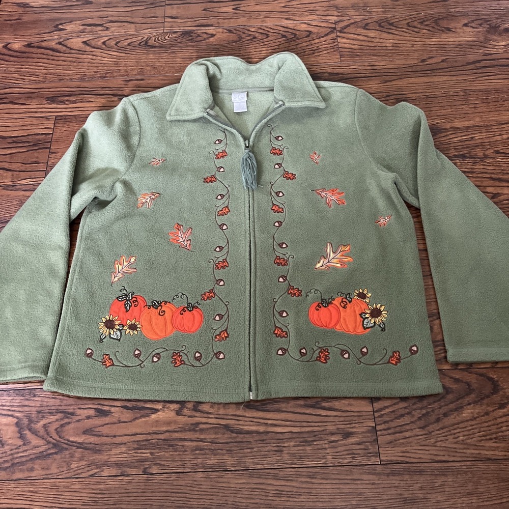 90s fashion Bug Fall Fleece Jacket Womens XL Green Pumpkin Halloween Full Zip Up